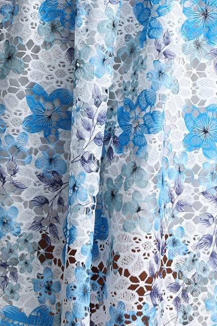 Flowering Girl Women Blue Floral Hollow Lace High Neck Short Puff Sleeve Midi A-Line Dress