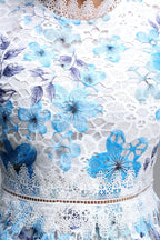 Flowering Girl Women Blue Floral Hollow Lace High Neck Short Puff Sleeve Midi A-Line Dress