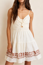 Twist Front Tropical Border Print Tiered Mini Dress