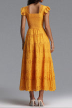 Flowering Girl Women Scallop V-Neck Ruffle Sleeve Eyelet Tiered Midi Dress