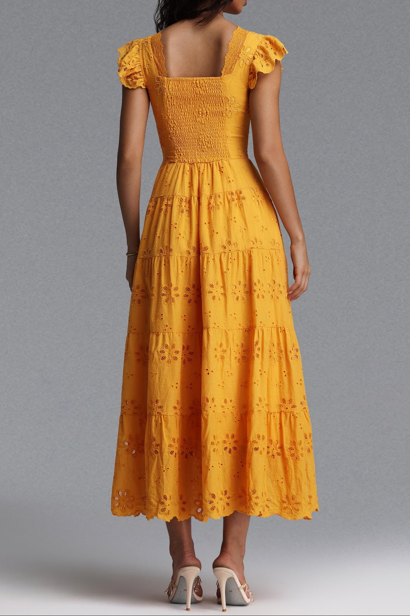 Flowering Girl Women Scallop V-Neck Ruffle Sleeve Eyelet Tiered Midi Dress