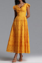 Flowering Girl Women Scallop V-Neck Ruffle Sleeve Eyelet Tiered Midi Dress