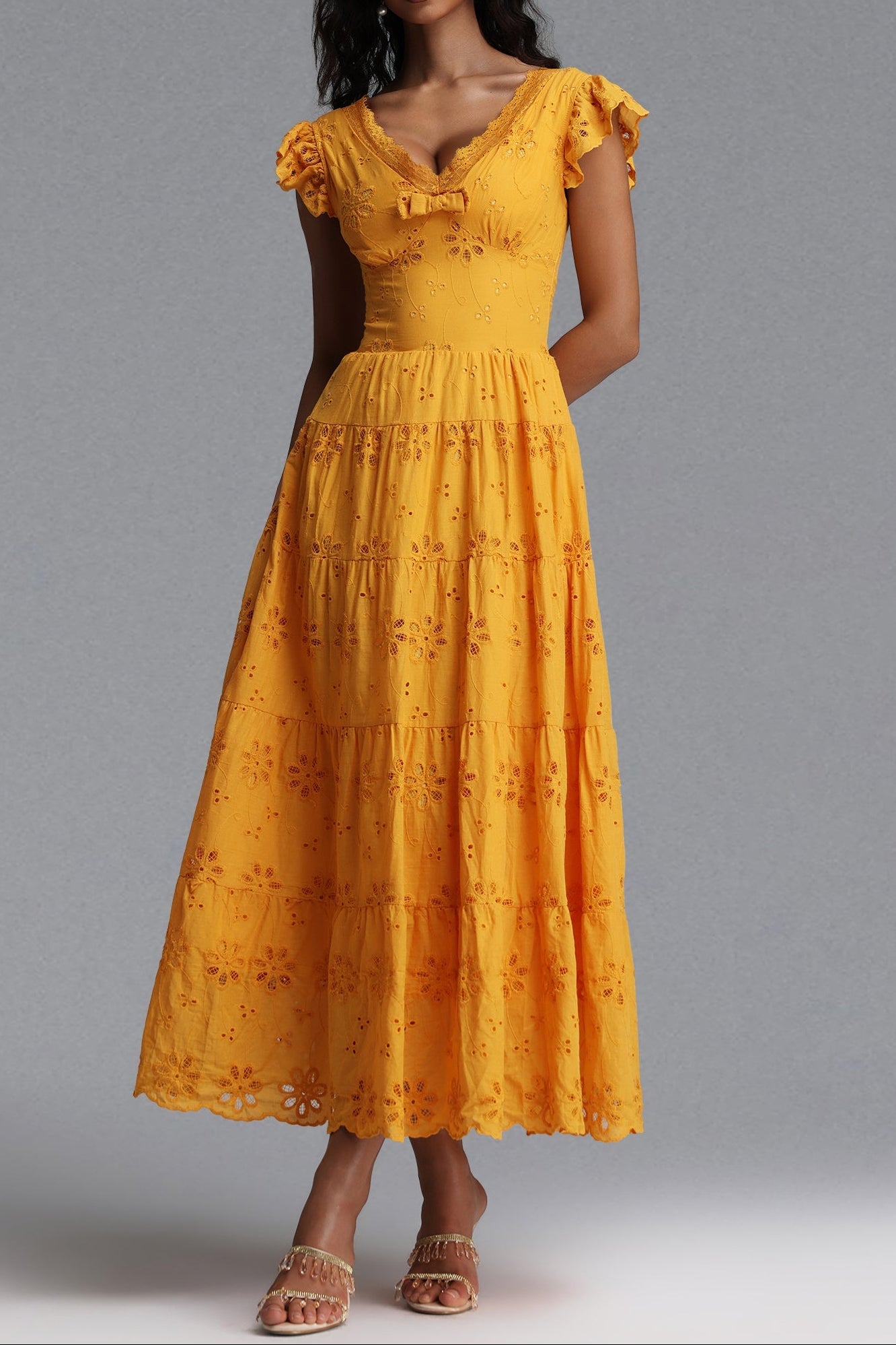 Flowering Girl Women Scallop V-Neck Ruffle Sleeve Eyelet Tiered Midi Dress