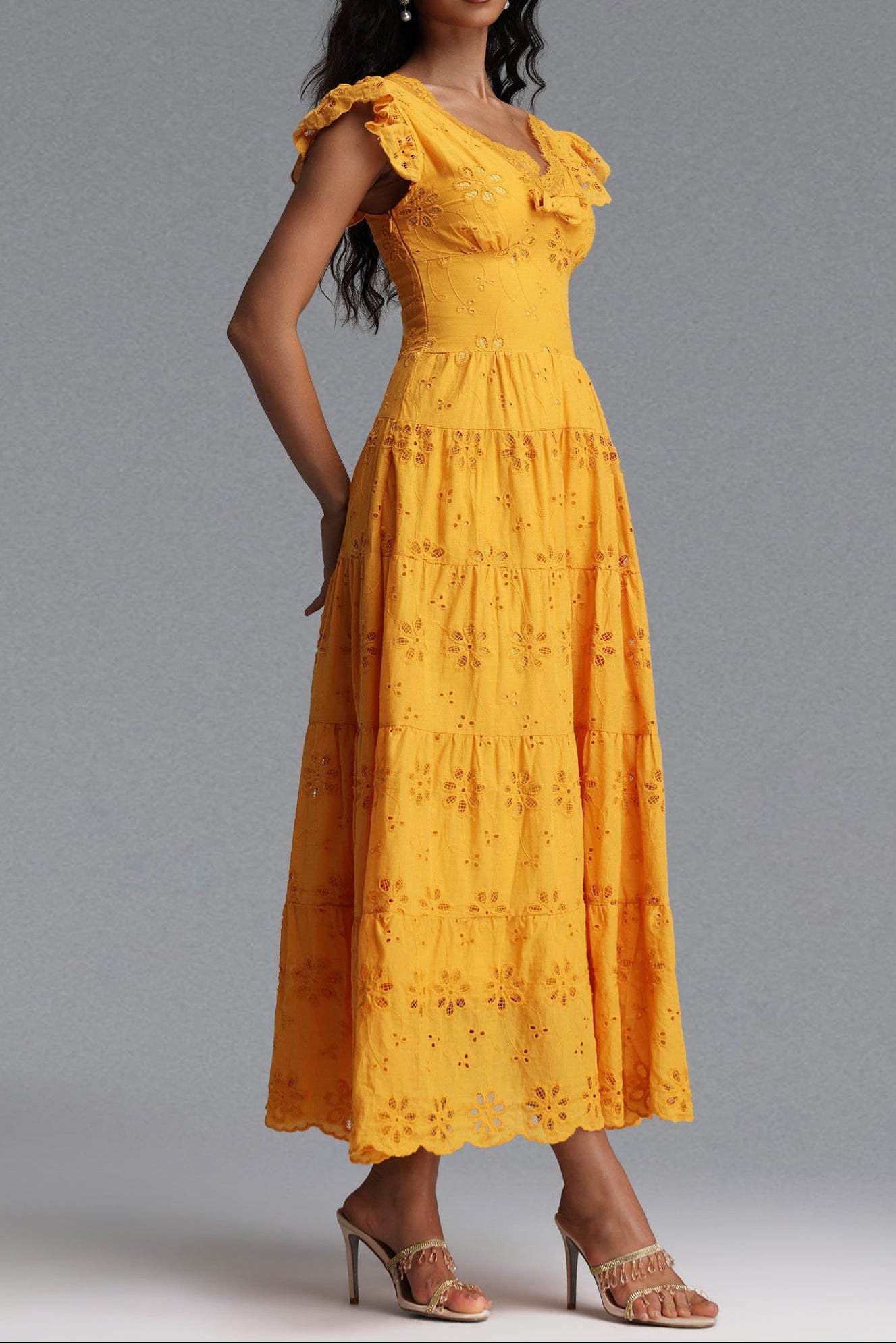 Flowering Girl Women Scallop V-Neck Ruffle Sleeve Eyelet Tiered Midi Dress