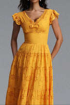 Flowering Girl Women Scallop V-Neck Ruffle Sleeve Eyelet Tiered Midi Dress