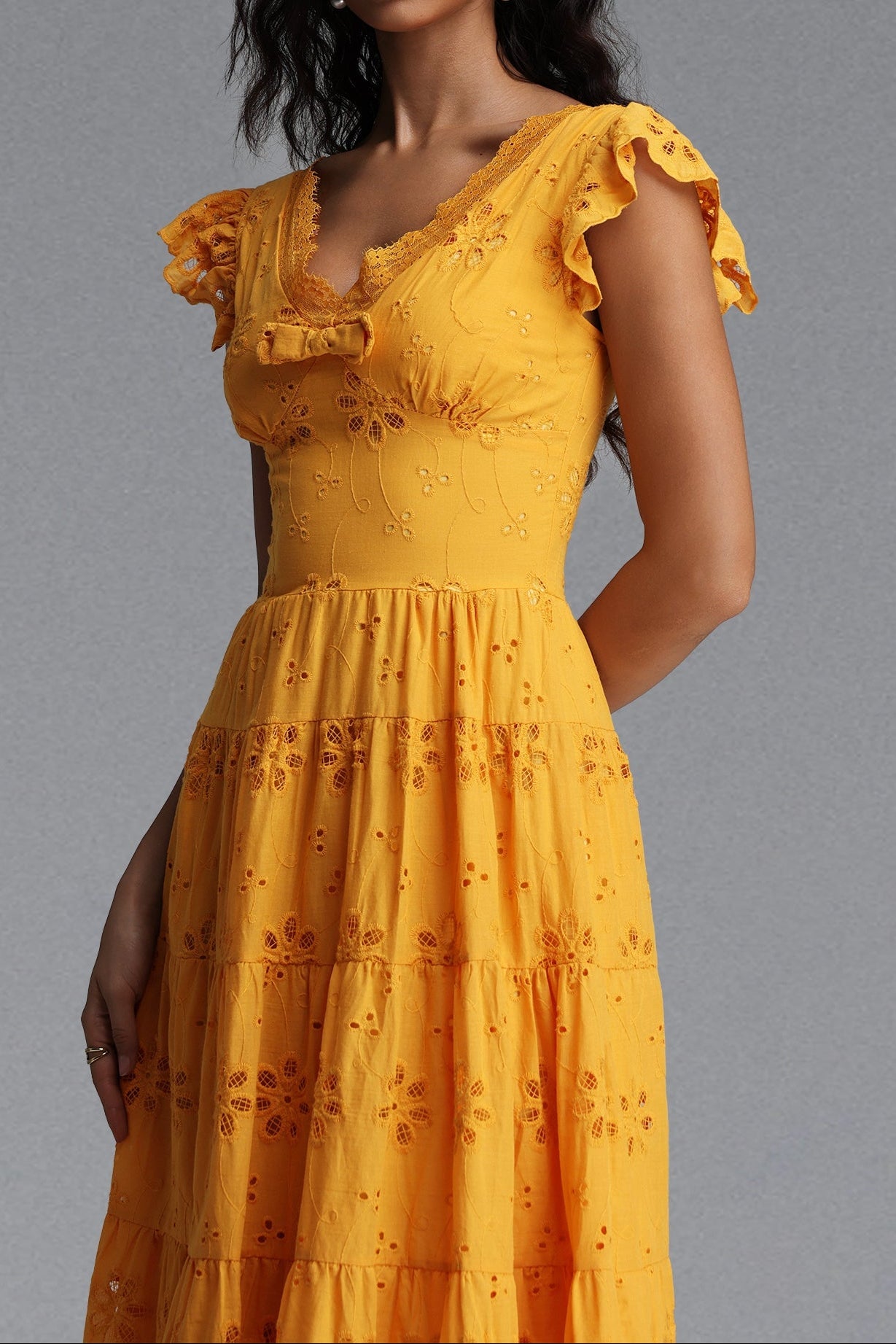 Flowering Girl Women Scallop V-Neck Ruffle Sleeve Eyelet Tiered Midi Dress