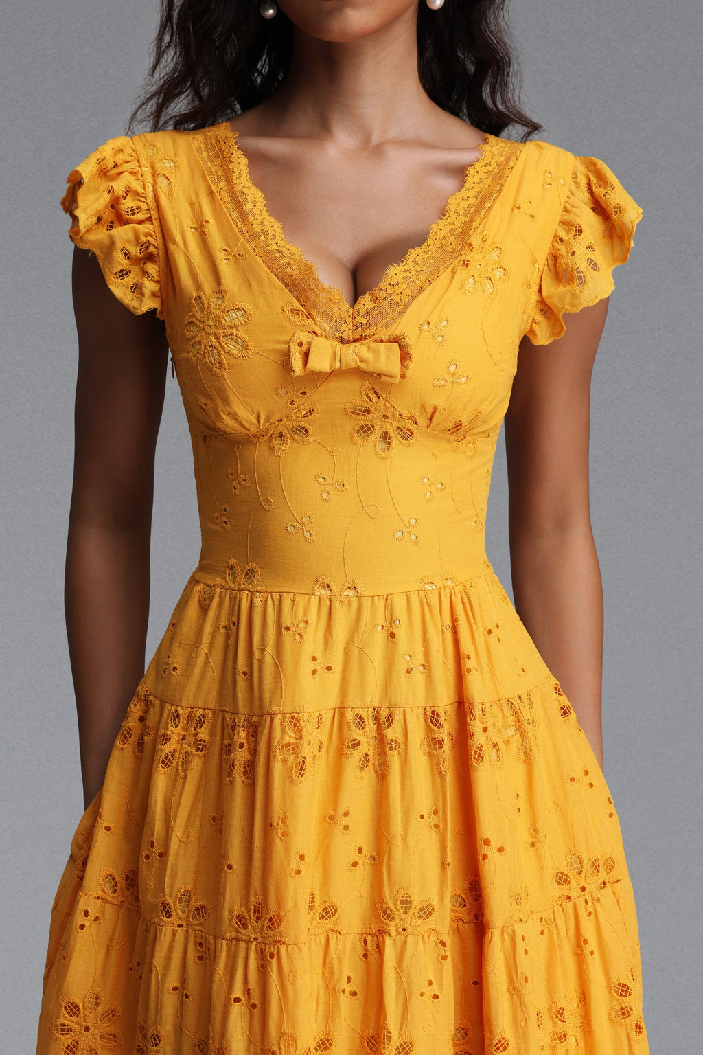 Flowering Girl Women Scallop V-Neck Ruffle Sleeve Eyelet Tiered Midi Dress