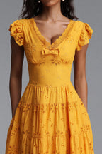 Flowering Girl Women Scallop V-Neck Ruffle Sleeve Eyelet Tiered Midi Dress