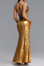 Flowering Girl Women Black Lace Trim Metallic Gold Spaghetti Strap Mermaid Maxi Dress