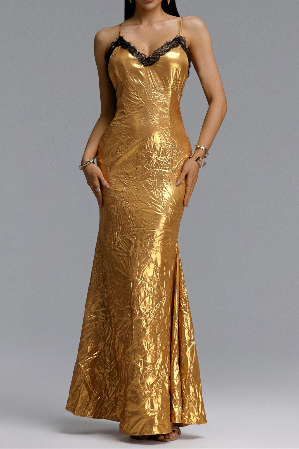 Flowering Girl Women Black Lace Trim Metallic Gold Spaghetti Strap Mermaid Maxi Dress