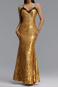 Flowering Girl Women Black Lace Trim Metallic Gold Spaghetti Strap Mermaid Maxi Dress