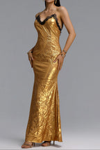 Flowering Girl Women Black Lace Trim Metallic Gold Spaghetti Strap Mermaid Maxi Dress