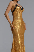 Flowering Girl Women Black Lace Trim Metallic Gold Spaghetti Strap Mermaid Maxi Dress