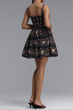 Flowering Girl Women Square Neck Floral Print Tiered Spaghetti Strap Mini Dress