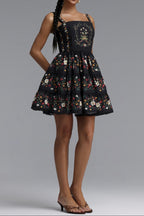 Flowering Girl Women Square Neck Floral Print Tiered Spaghetti Strap Mini Dress