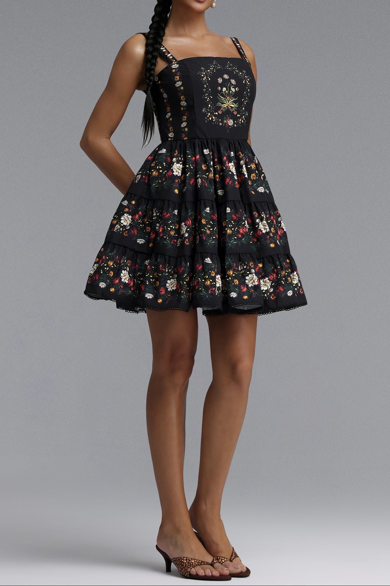 Flowering Girl Women Square Neck Floral Print Tiered Spaghetti Strap Mini Dress