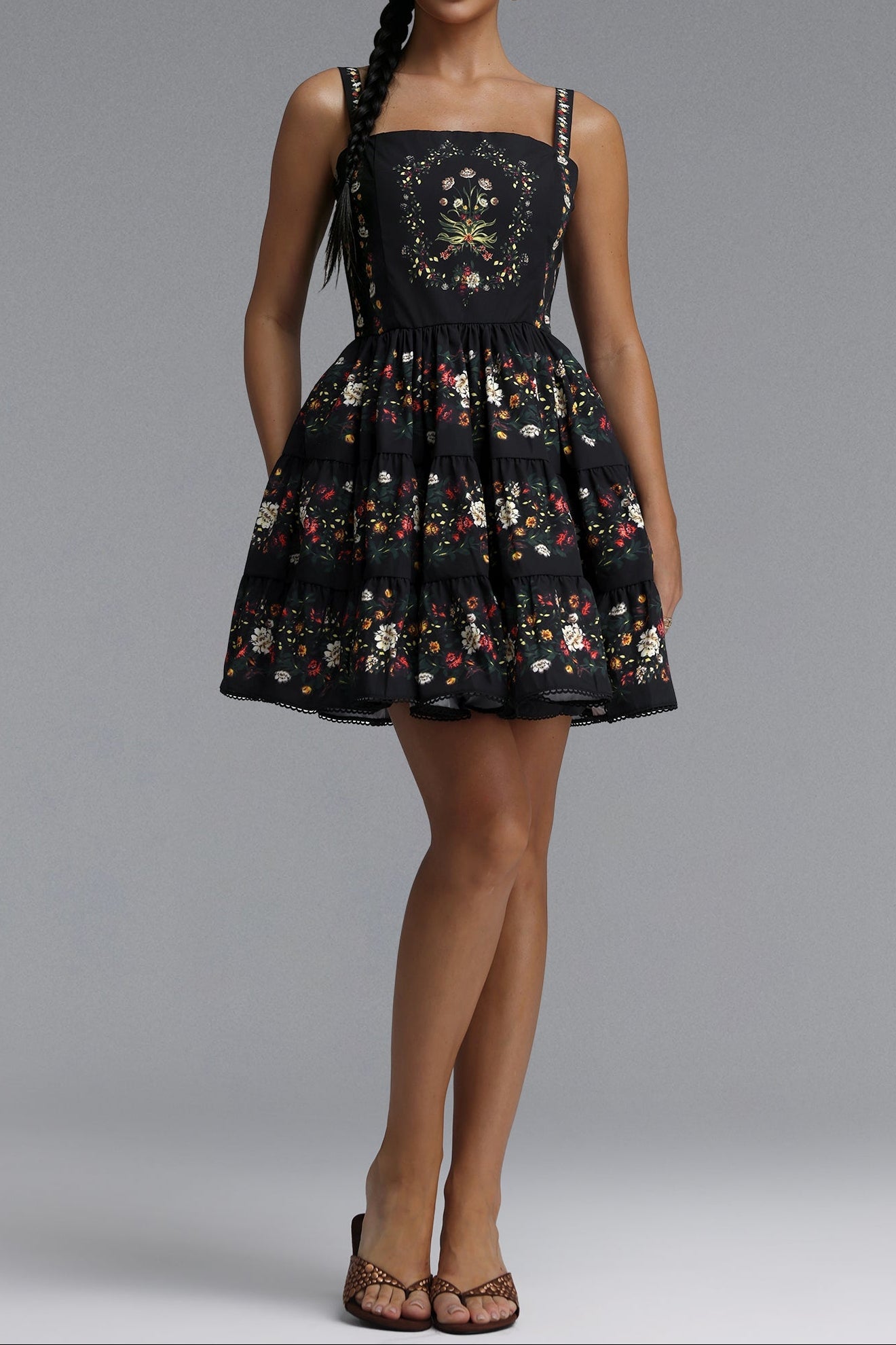Flowering Girl Women Square Neck Floral Print Tiered Spaghetti Strap Mini Dress