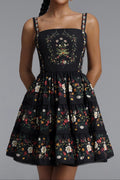 Flowering Girl Women Square Neck Floral Print Tiered Spaghetti Strap Mini Dress