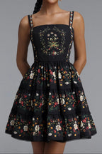 Flowering Girl Women Square Neck Floral Print Tiered Spaghetti Strap Mini Dress