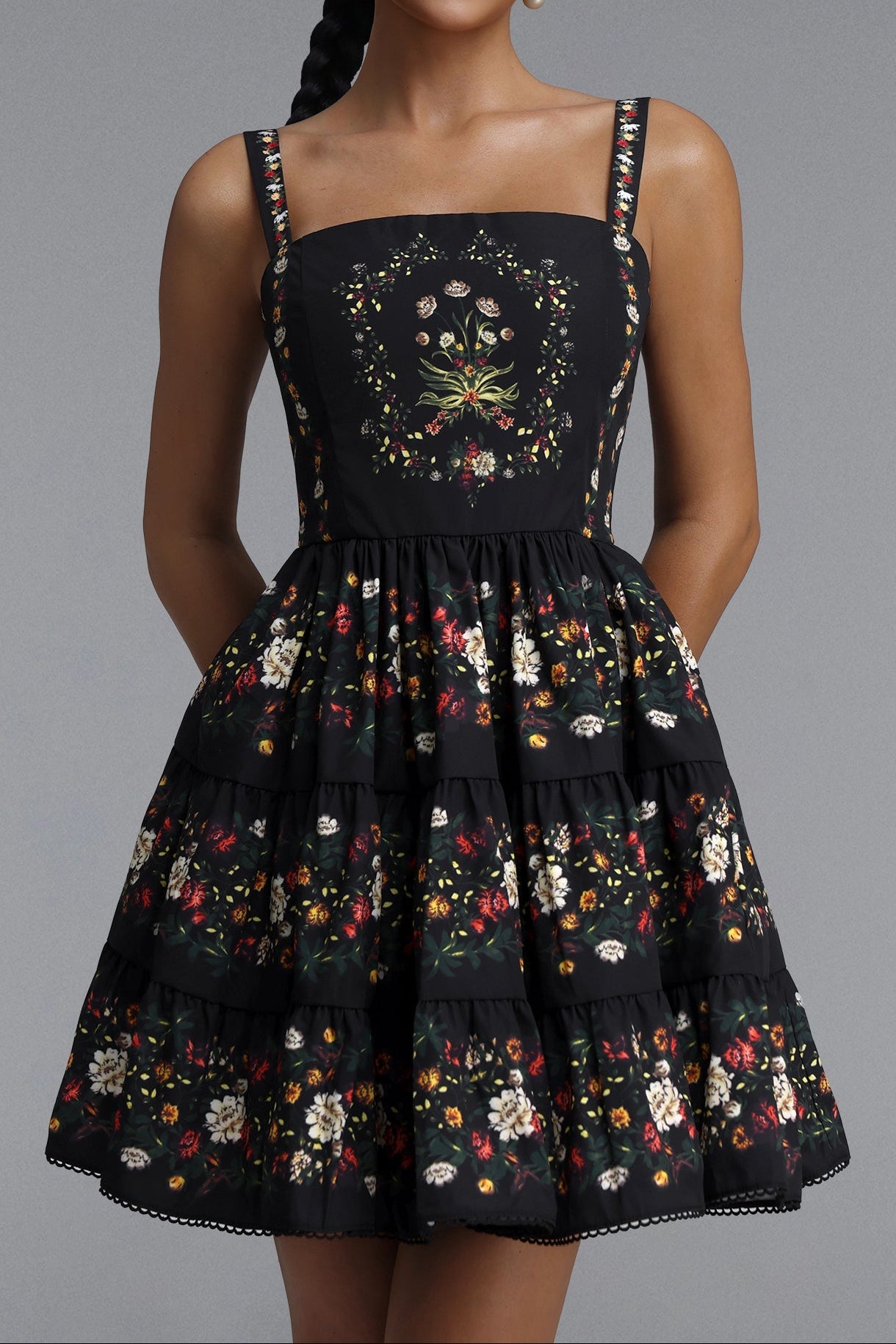 Flowering Girl Women Square Neck Floral Print Tiered Spaghetti Strap Mini Dress