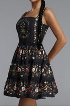 Flowering Girl Women Square Neck Floral Print Tiered Spaghetti Strap Mini Dress