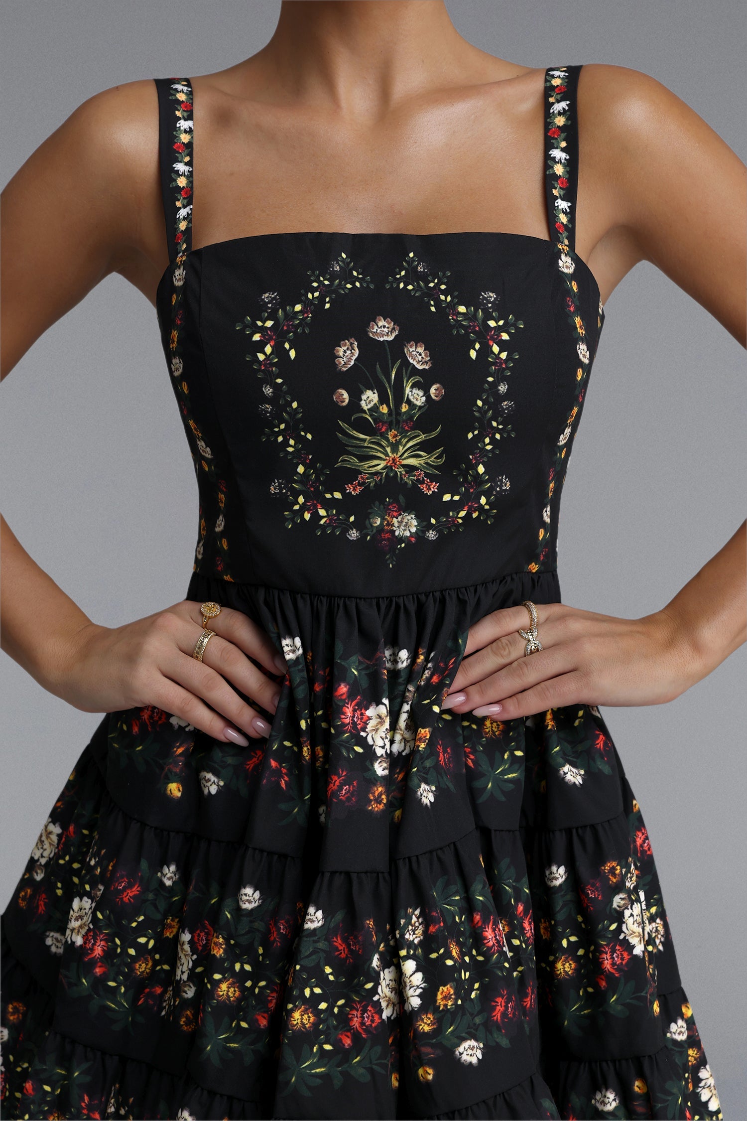 Flowering Girl Women Square Neck Floral Print Tiered Spaghetti Strap Mini Dress