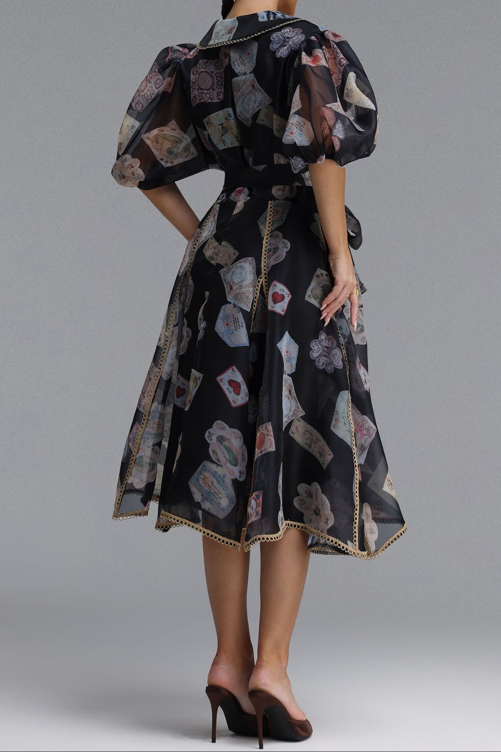 Flowering Girl Women V-Neck Balloon Sleeve Playing Card Print Belted Midi Dress