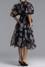 Flowering Girl Women V-Neck Balloon Sleeve Playing Card Print Belted Midi Dress