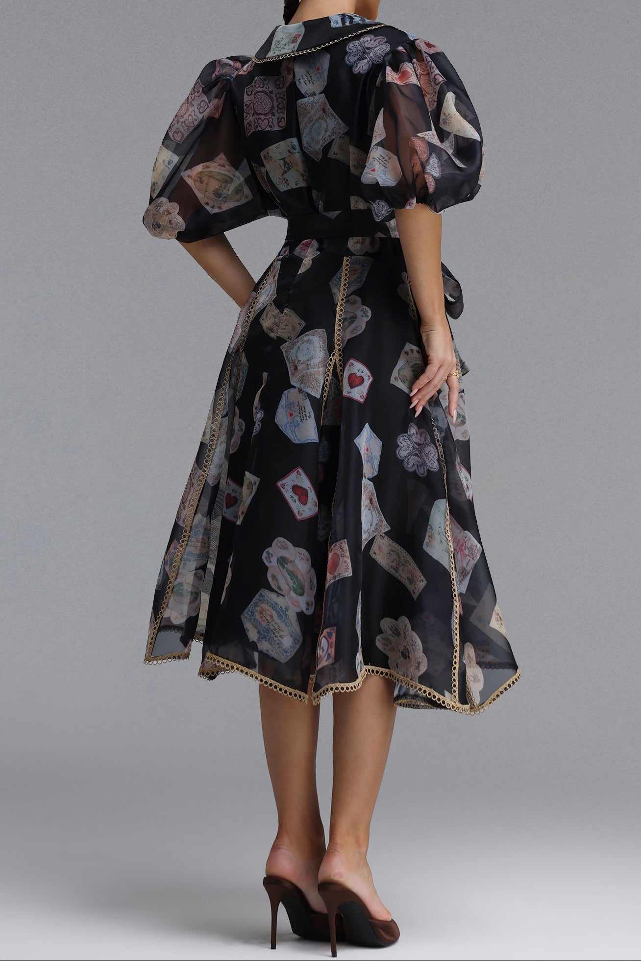 Flowering Girl Women V-Neck Balloon Sleeve Playing Card Print Belted Midi Dress