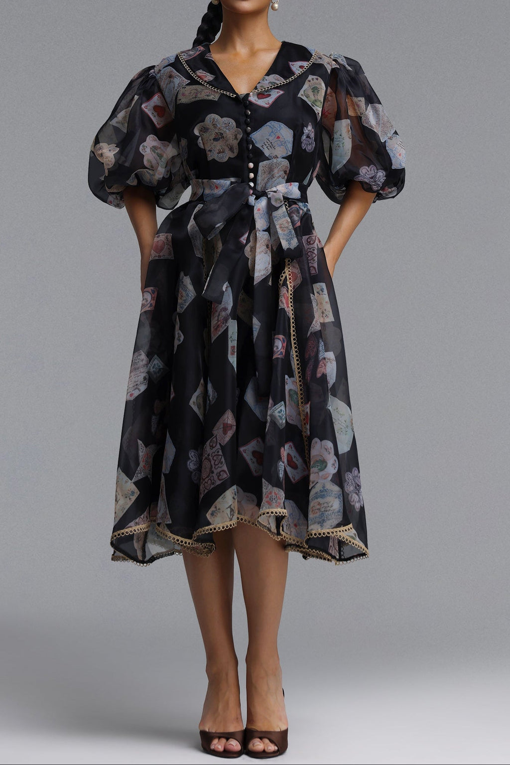 Flowering Girl Women V-Neck Balloon Sleeve Playing Card Print Belted Midi Dress