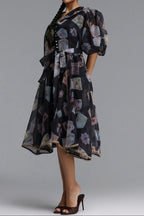Flowering Girl Women V-Neck Balloon Sleeve Playing Card Print Belted Midi Dress