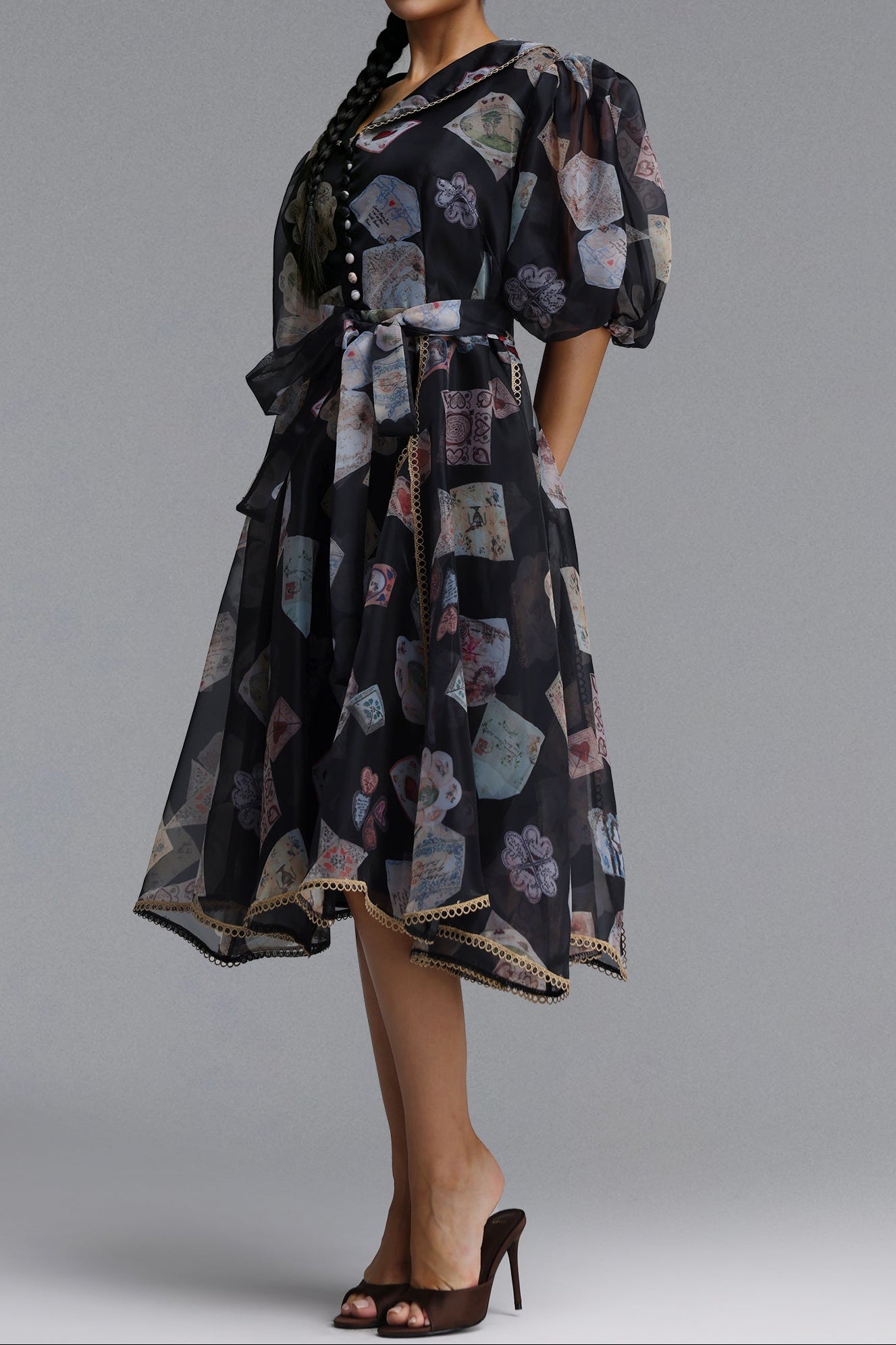 Flowering Girl Women V-Neck Balloon Sleeve Playing Card Print Belted Midi Dress