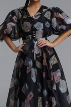 Flowering Girl Women V-Neck Balloon Sleeve Playing Card Print Belted Midi Dress