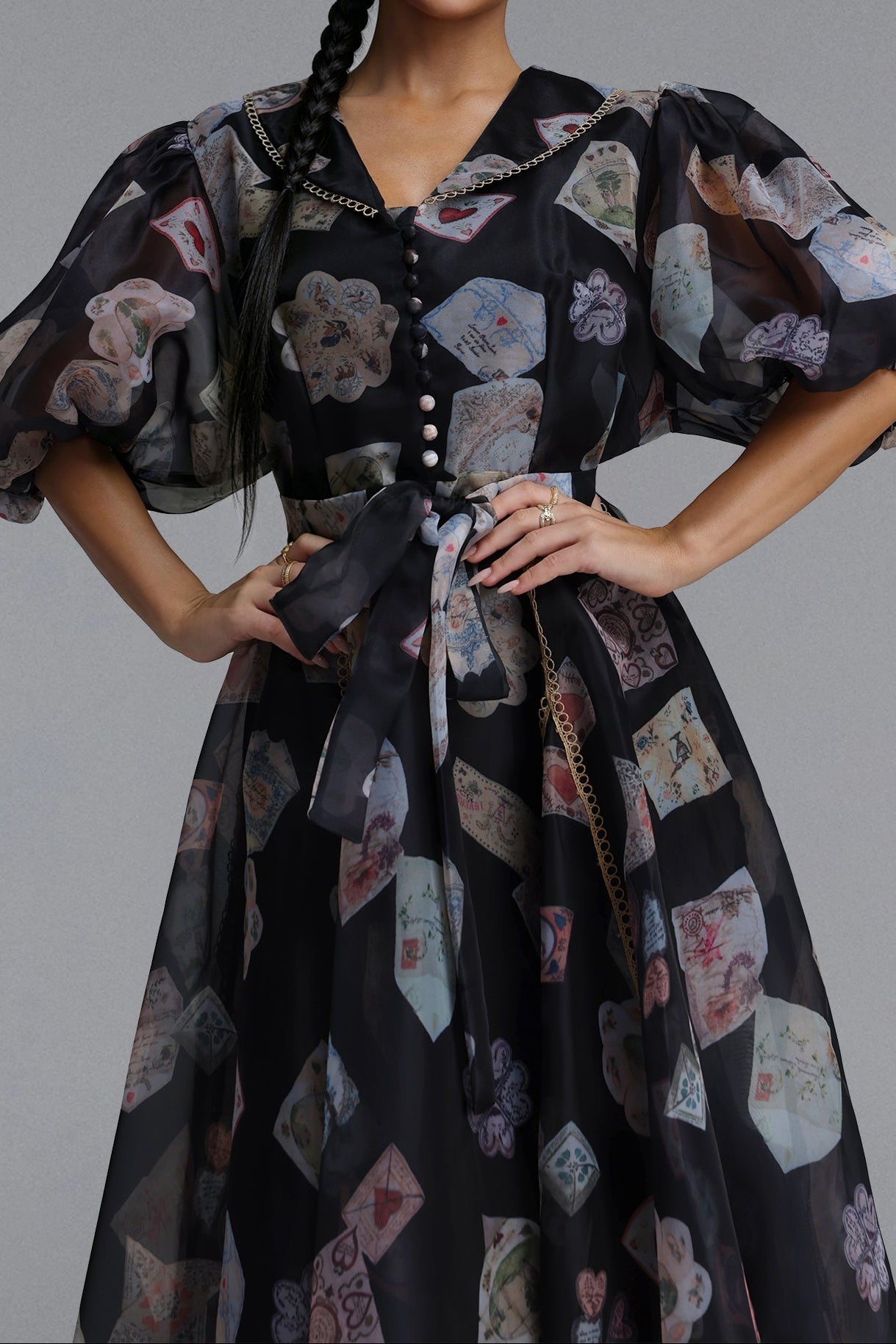 Flowering Girl Women V-Neck Balloon Sleeve Playing Card Print Belted Midi Dress
