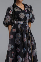 Flowering Girl Women V-Neck Balloon Sleeve Playing Card Print Belted Midi Dress