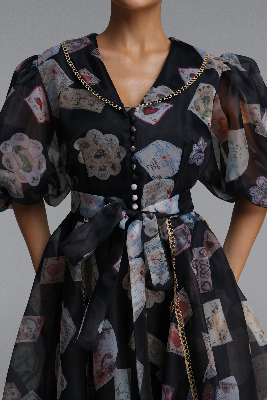 Flowering Girl Women V-Neck Balloon Sleeve Playing Card Print Belted Midi Dress