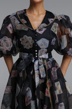 Flowering Girl Women V-Neck Balloon Sleeve Playing Card Print Belted Midi Dress