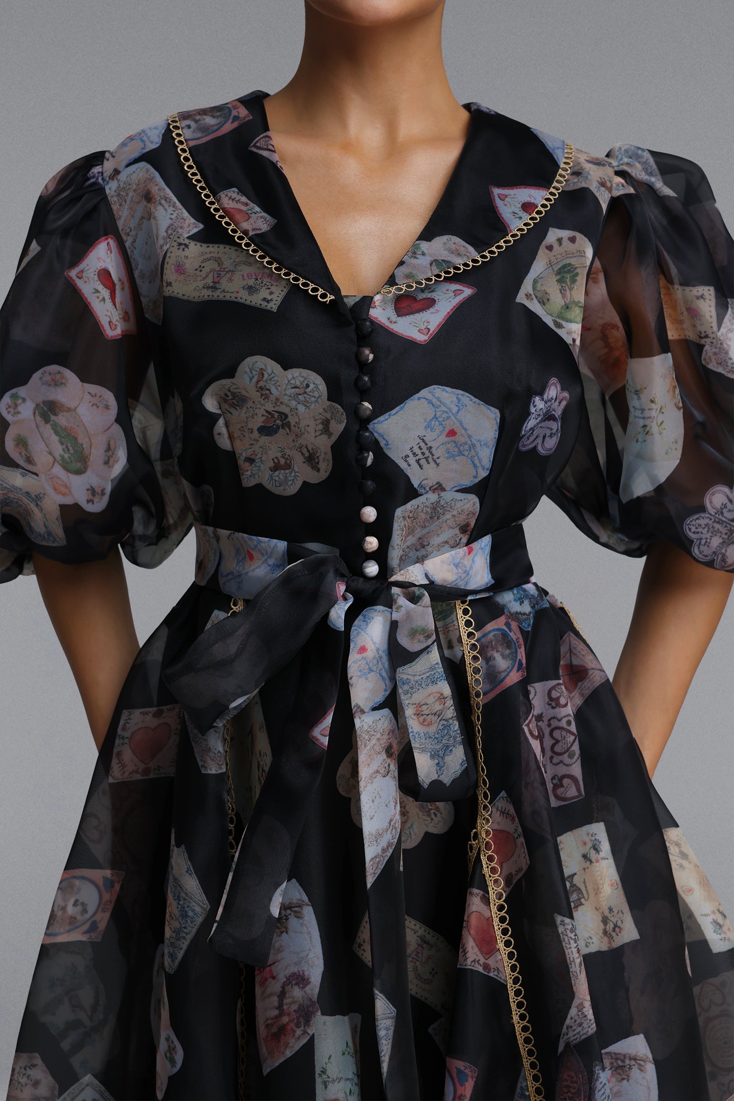 Flowering Girl Women V-Neck Balloon Sleeve Playing Card Print Belted Midi Dress
