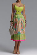 Flowering Girl Women Adjustable Strap Corset Baroque Print A-Line Midi Dress