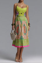 Flowering Girl Women Adjustable Strap Corset Baroque Print A-Line Midi Dress