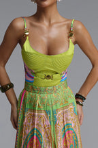 Flowering Girl Women Adjustable Strap Corset Baroque Print A-Line Midi Dress