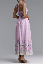 Flowering Girl Women Halter Spaghetti Strap Bow Front Floral Embroidery Midi Dress