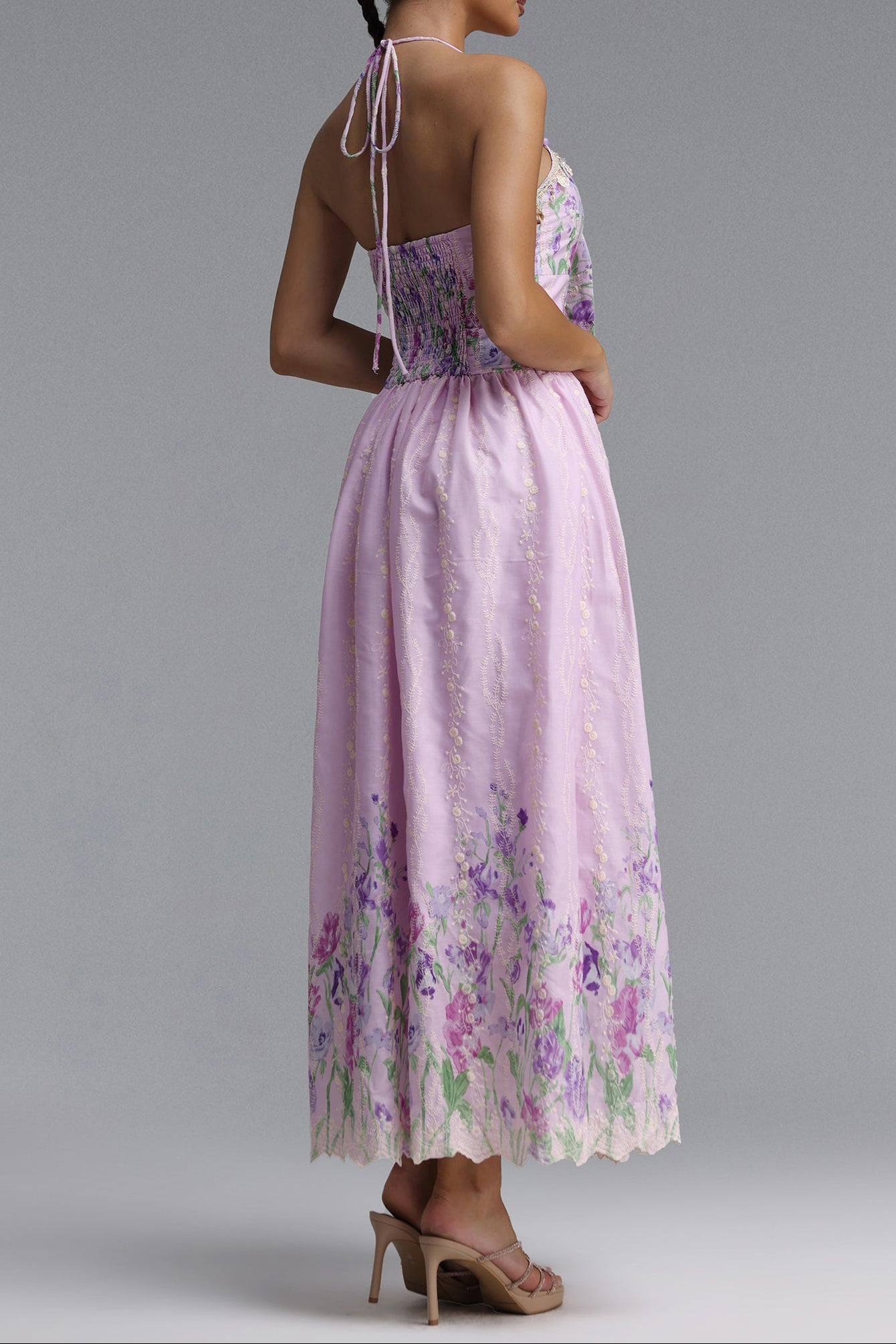 Flowering Girl Women Halter Spaghetti Strap Bow Front Floral Embroidery Midi Dress