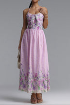 Flowering Girl Women Halter Spaghetti Strap Bow Front Floral Embroidery Midi Dress