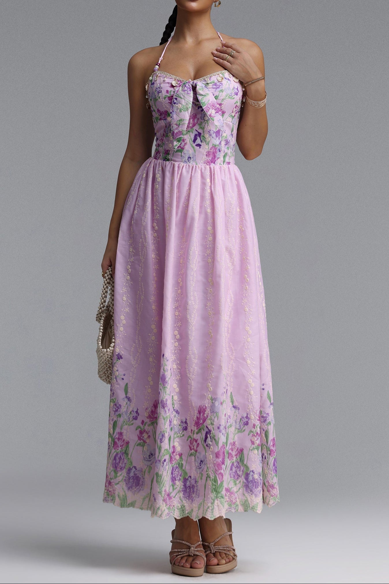 Flowering Girl Women Halter Spaghetti Strap Bow Front Floral Embroidery Midi Dress