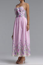 Flowering Girl Women Halter Spaghetti Strap Bow Front Floral Embroidery Midi Dress
