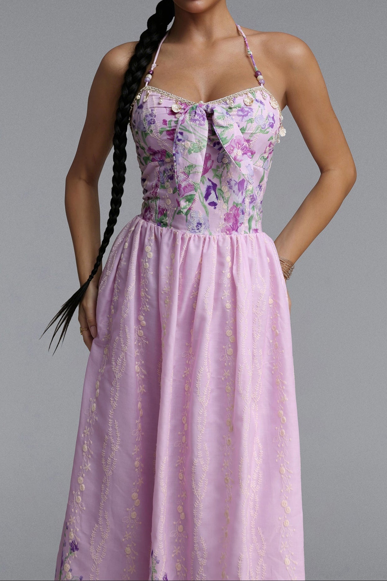 Flowering Girl Women Halter Spaghetti Strap Bow Front Floral Embroidery Midi Dress