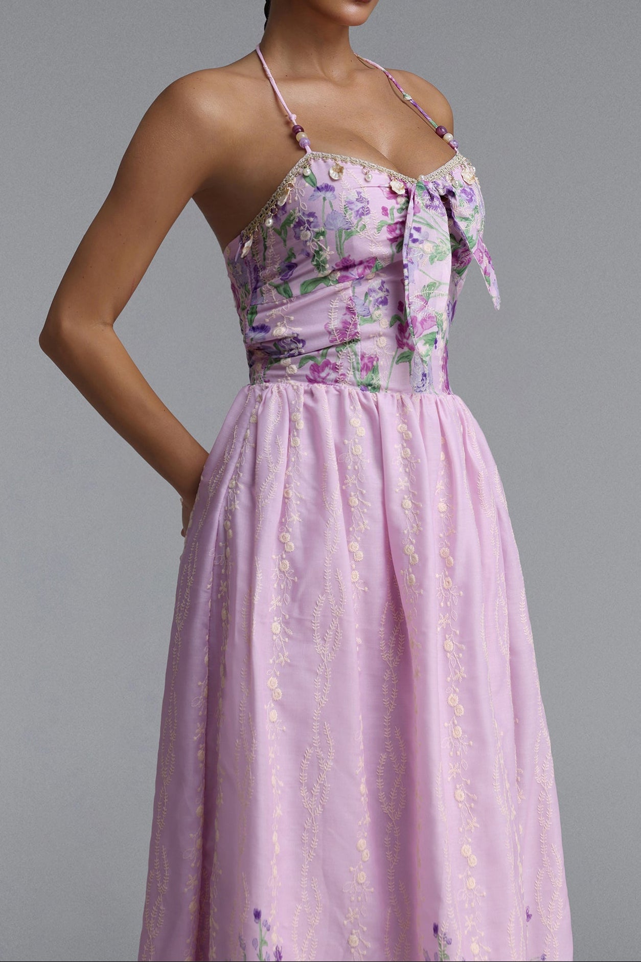 Flowering Girl Women Halter Spaghetti Strap Bow Front Floral Embroidery Midi Dress