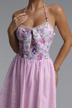 Flowering Girl Women Halter Spaghetti Strap Bow Front Floral Embroidery Midi Dress