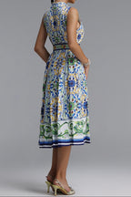 Flowering Girl Women Sleeveless Collared Tile Print Belted A-Line Midi Dress